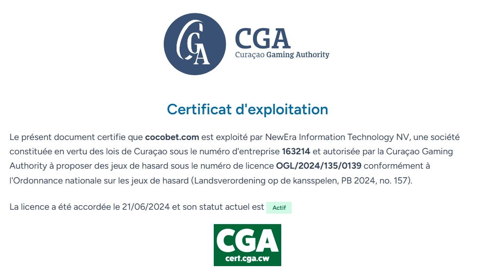 Certificat de licence CocoBet délivré par la Curacao Gaming Authority