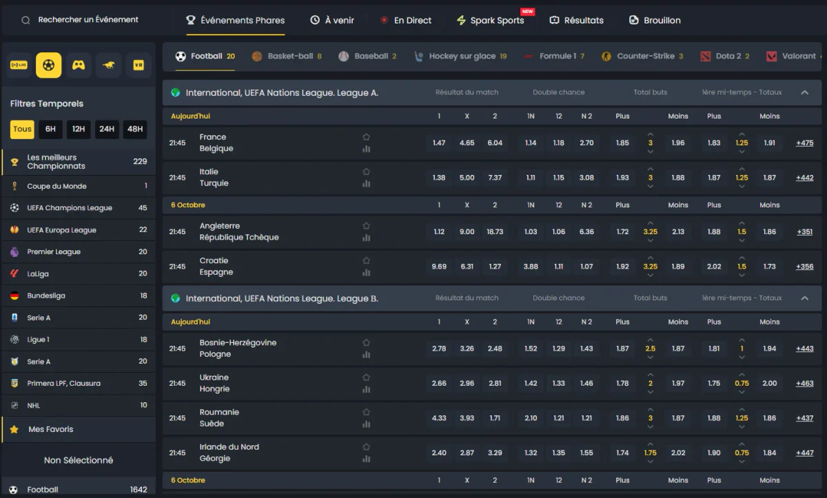 Interface des paris sportifs CocoBet avec matchs de football cotes et marchés de paris